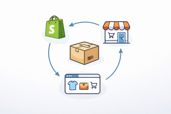 Multichannel Inventory Illustration Minimal illustration showing a box connected to Shopify, a retail store, and an online shop to represent multichannel inventory.