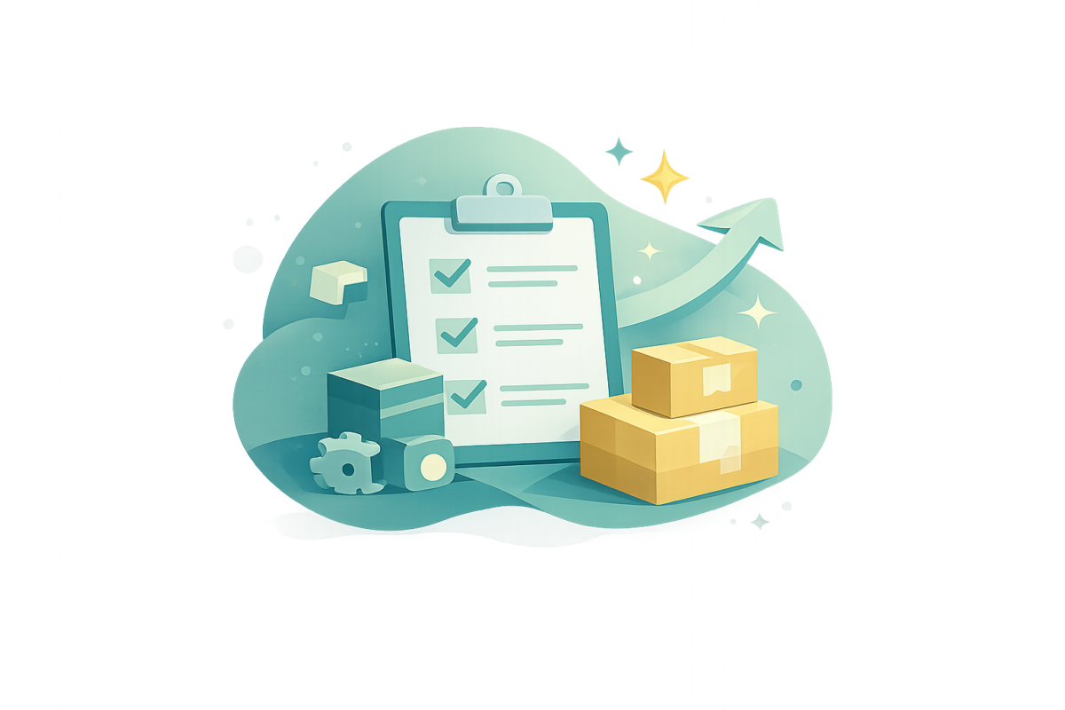 Aquilon Demo CTA Illustration (Checklist and Inventory) Clipboard checklist with inventory boxes and upward arrow representing business growth and operational efficiency