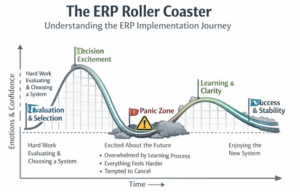ERP implementation journey shown as a roller coaster, moving from evaluation and decision excitement through a panic zone, then into learning, clarity, and long-term success.