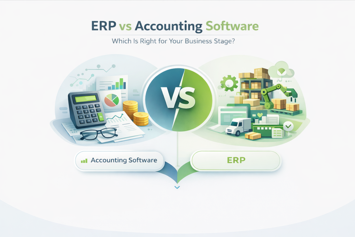 Illustration comparing ERP and accounting software, showing accounting tools like financial reports and a calculator on one side and ERP workflows like inventory, logistics, and operations on the other