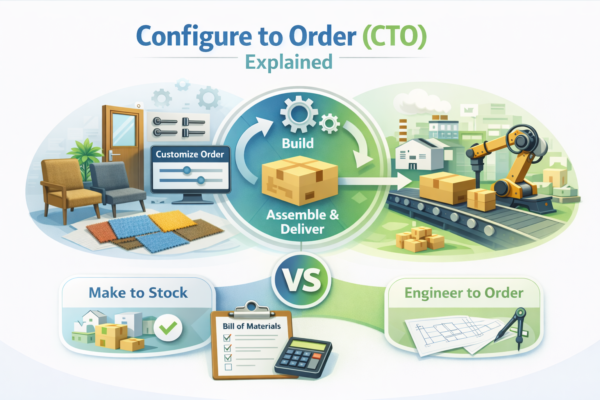 Illustration showing the Configure to Order process with product customization, automated build workflow, and assembly and delivery in a manufacturing environment