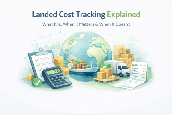 Illustration explaining landed cost tracking with global shipping, freight, duties, and inventory costs contributing to the true cost of imported goods.