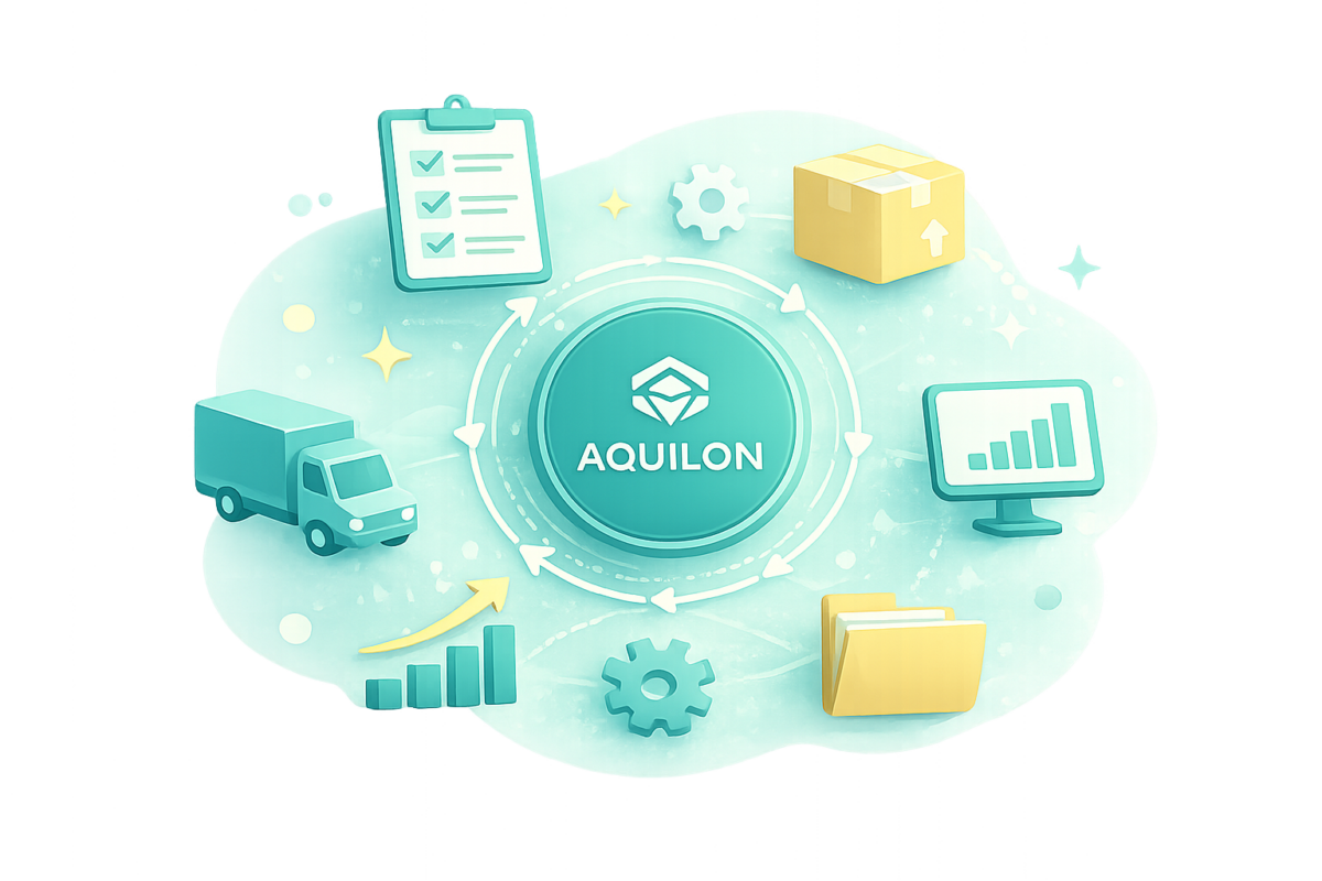 Aquilon ERP connecting core business operations Illustration of Aquilon ERP at the center with connected elements like inventory, orders, logistics, and reporting workflows surrounding it